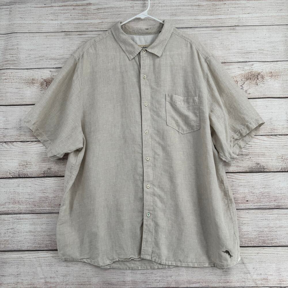 Tommy Bahama Linen Button Down‎ Shirt Mens XXL Tan Beige Island Vacation